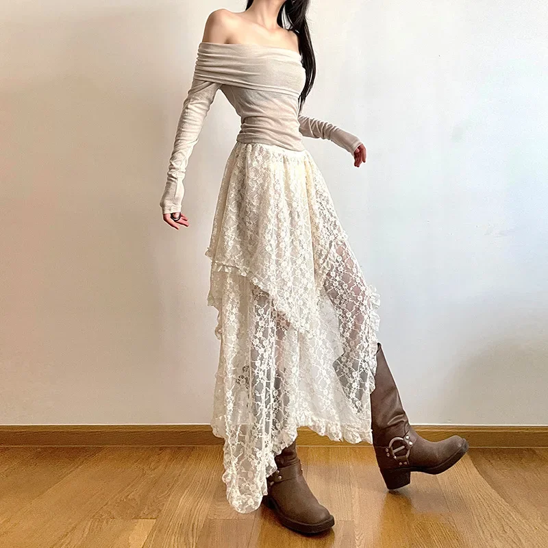 

Skirts Women Asymmetrical Summer Bohemain Y2k Lace-design High Street Midi-calf Loose Fashion Hotsweet Aesthetic College Daily