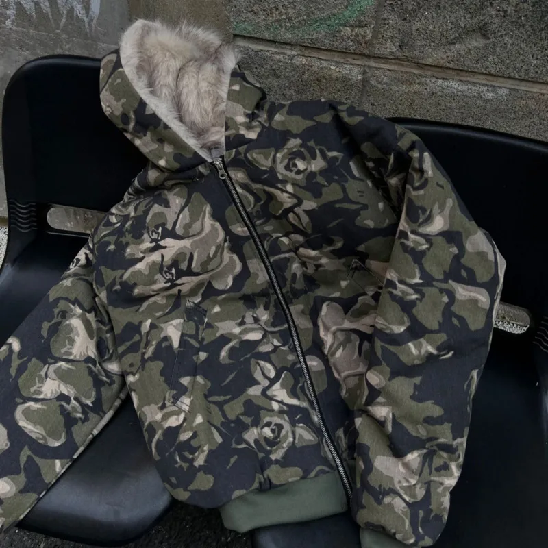 HKSH 2025 خريف شتاء جديد رجل المد الشرير شارع العليا التمويه الفراء طوق سترة شيك Ins مبطن معاطف دافئة التمويه HK13061