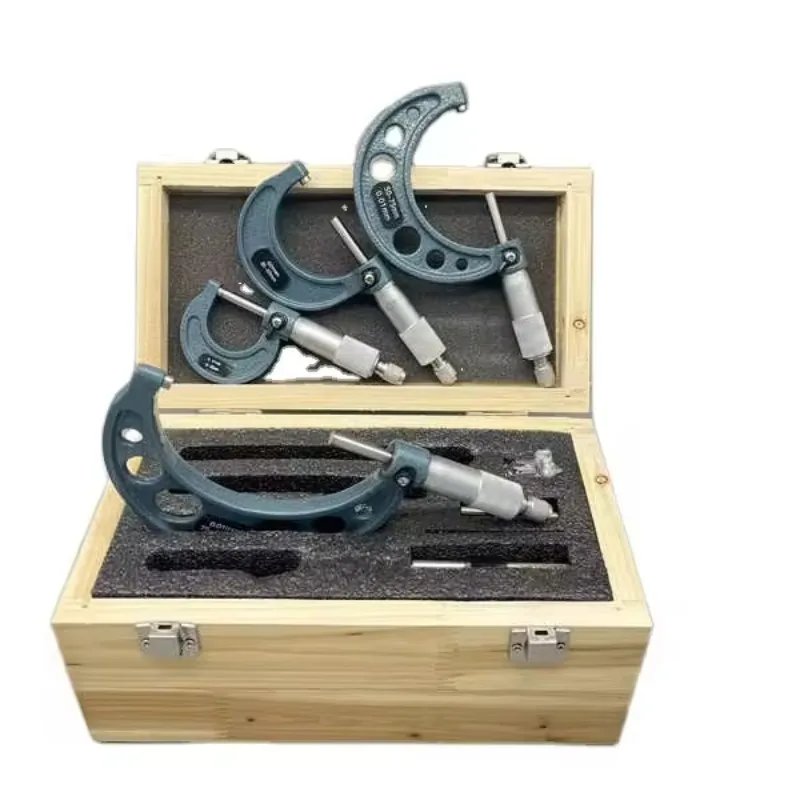 Set Of Four Micrometers Wood Box Packing 4PCS Micrometer Set 0-100 Mm/0-4