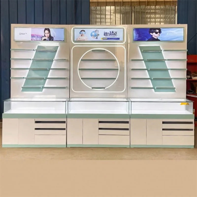 custom.Factory Price 2.2 Meters Eyeglasses Display Stand Cabinet Rack Shelves with LED Light Glasses Shop Chain Store