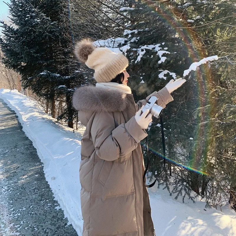 Abrigo de plumón de pato blanco para mujer, chaqueta de longitud media con Cuello de piel, Parkas gruesas, abrigo cálido con capucha, prendas de vestir de invierno, nuevo, 2023