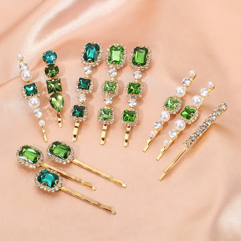 

Korean Version Headgear Retro Green Hairpin New Hair Accessories Light Luxury Rhinestone Word Clip Pearl Bangs Edge Clip