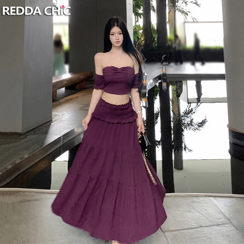 

REDDACHiC Vacation Summer Women Matching Set One-shoulder Tube Top Shirred Elastic Waist Maxi Long Skirt Elegant Casual Clothes
