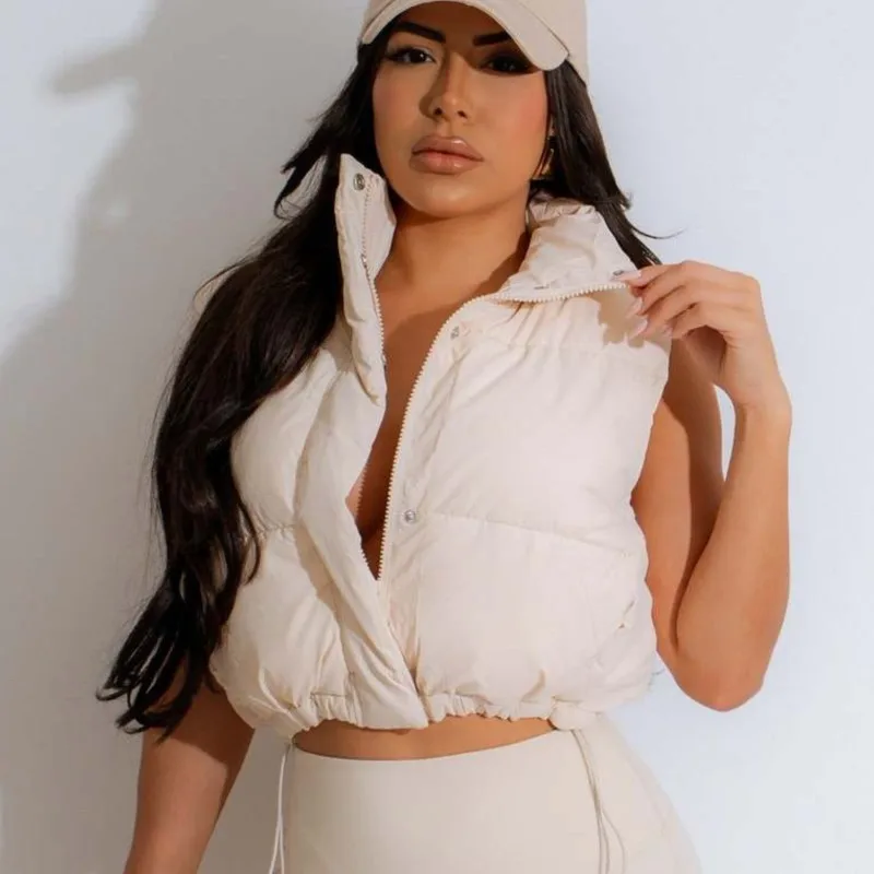 

2025 Autumn New Women's Stylish Solid Color Stand Collar Sleeveless Zipper Puffer Vest Trendy Cotton-Padded Thick Outerwear Tops