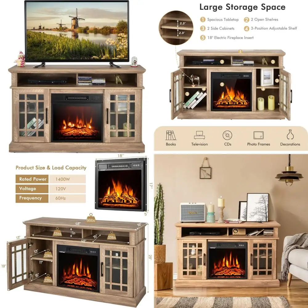 

55 TV Electric Fireplace Stand with 18 Insert, Remote Control, Overheat Safety, 48 Wide, Space-Saving Design