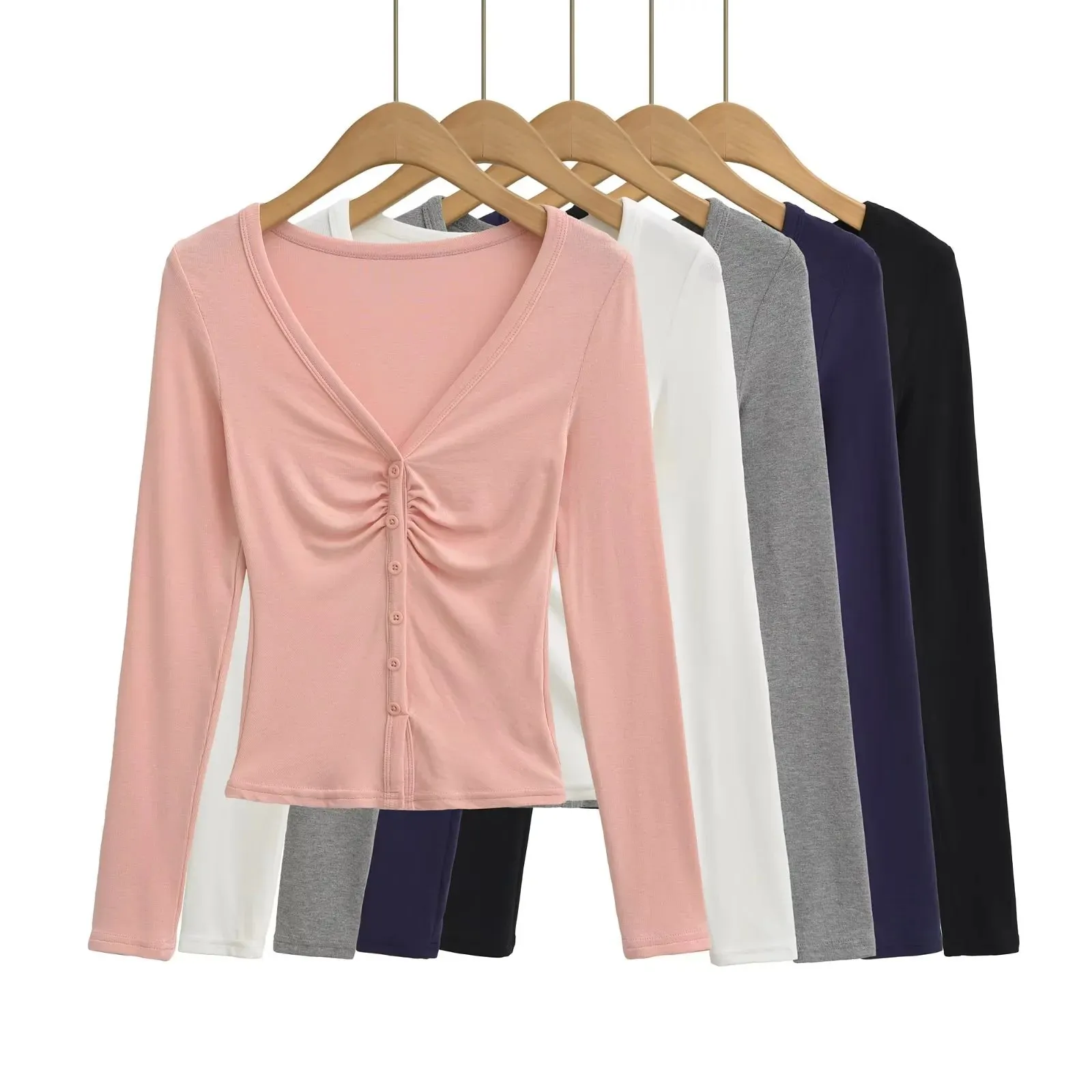 Sexy long-sleeve T-shirt with chest pleats for women new autumn style deep V-neck waist-cinching slim-fit basic top   QGCZ