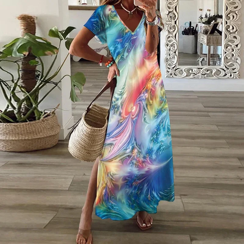 Summer Bohemian Style Split Hem Dress 2023 Fashion Daily Casual Vacation Loose Dressy Women's Short Sleeve V Neck Pullover Gown