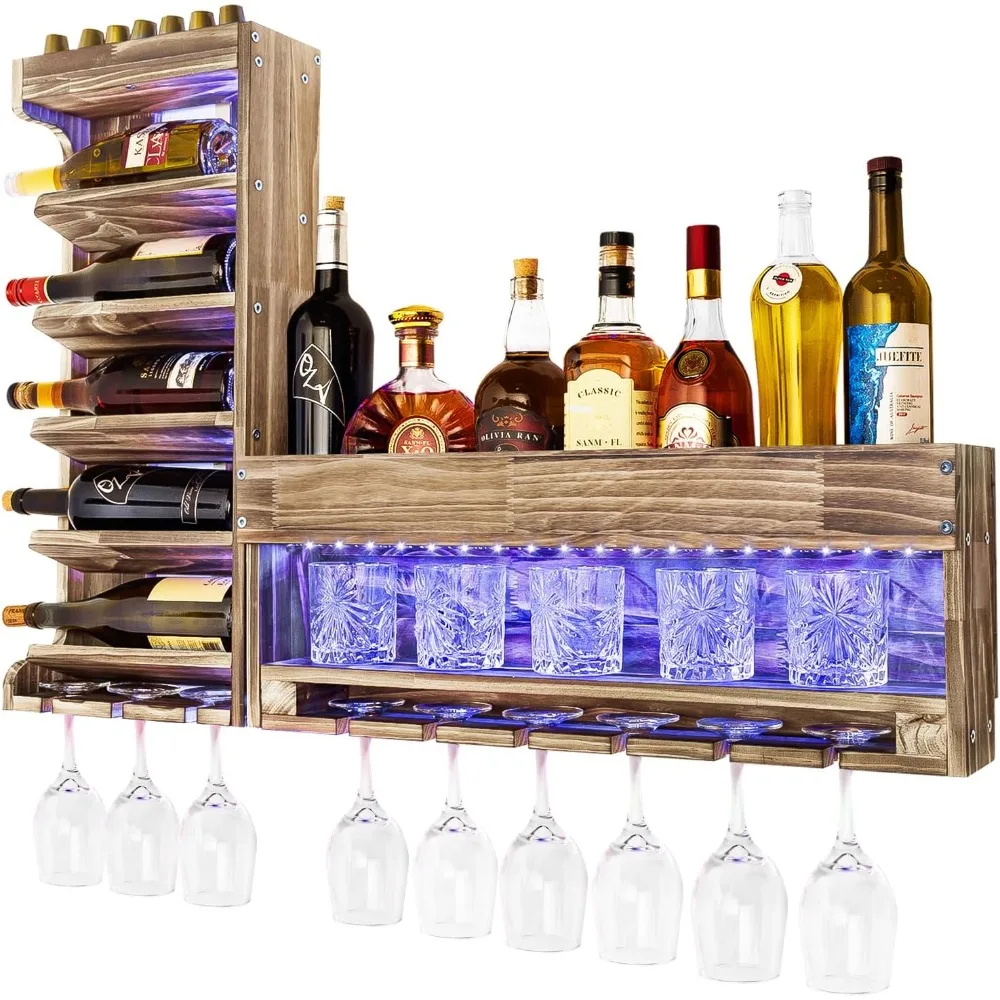 Wine Rack with LED Light Wall Mounted Wood,Wine Shelf with Bottle Stemware Glass Holder Rustic, Wine Display Storage Rack