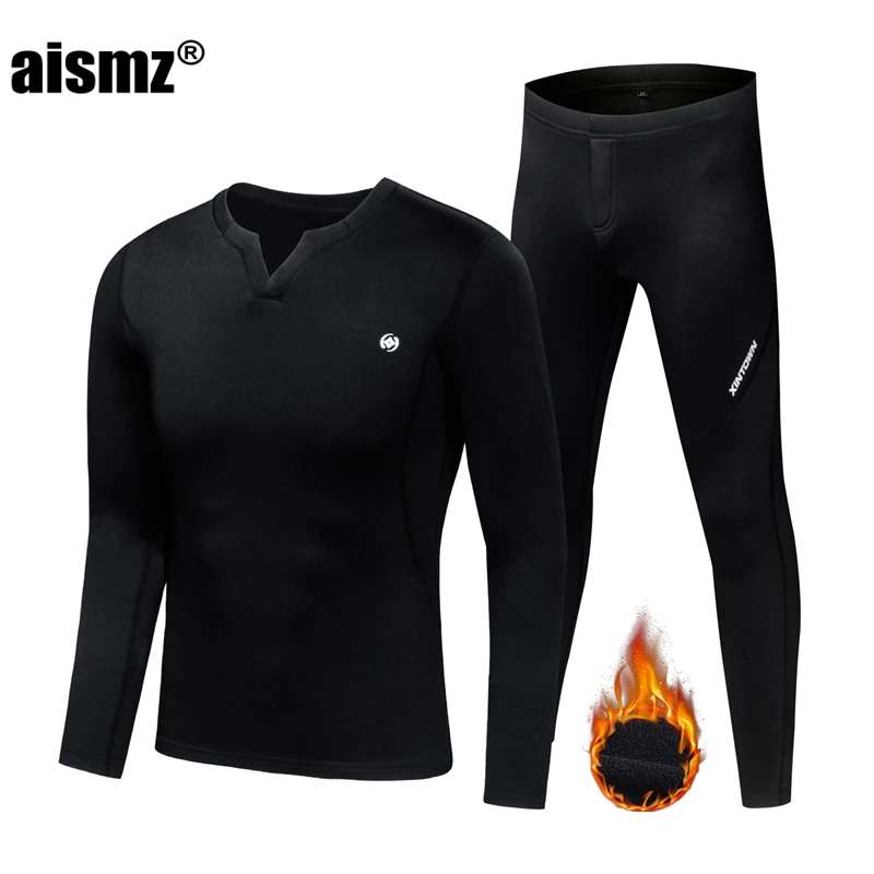 Aismz Winter Thermal Underwear Men Clothing First Layer Man & Women Set Fleece Compression Quick Drying Second Skin Long Johns