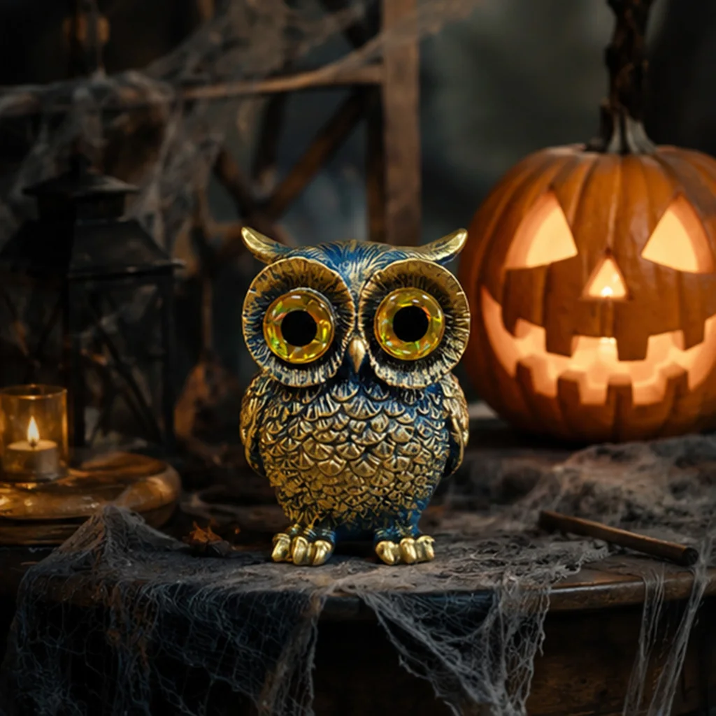 Statue d'hibou vintage en résine, figurine dorée et bleue, sculpture d'hibou, oiseau de la sagesse, décoration pour la maison, le bureau, la table, l'étagère, cadeau