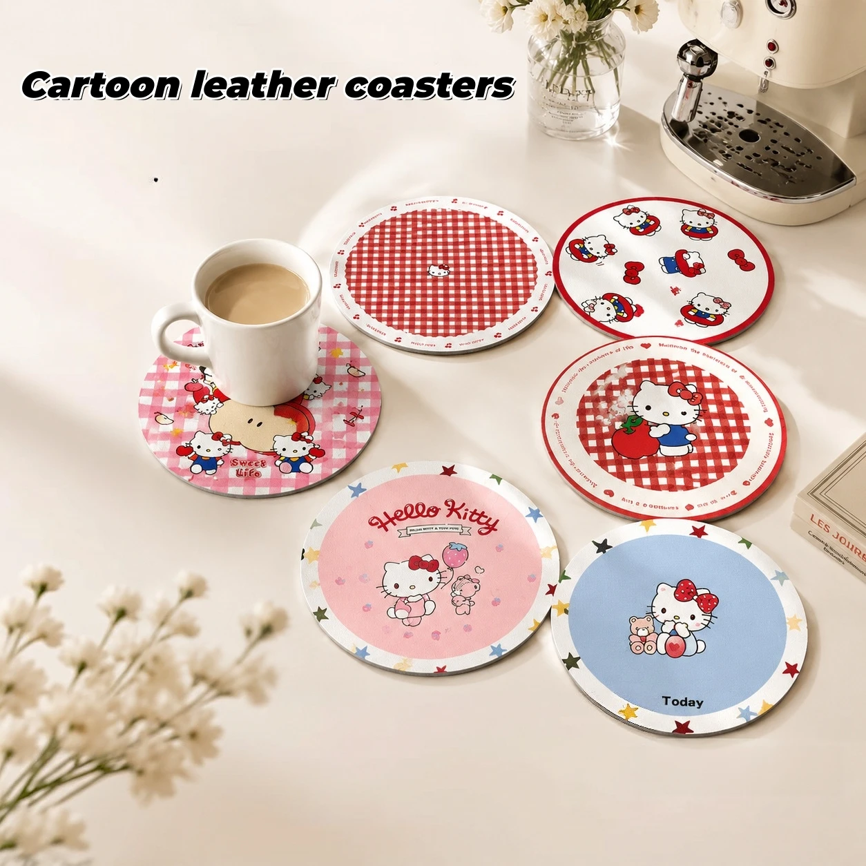 Hello Kitty Leather Coasters, Cute Cartoon Heat-Insulating Pads, Waterproof and Non-Slip Mats, Desktop Stain-Resistant and High-Temperature Resistant Cup Mats