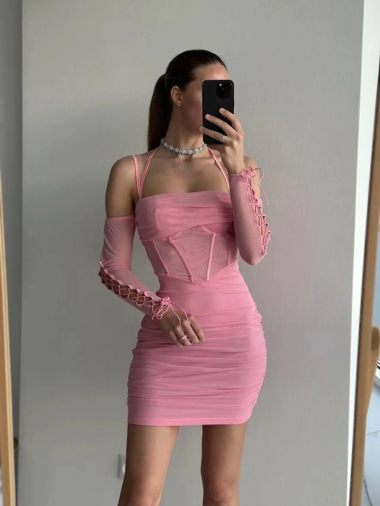 Mingmingxi Elegant Off The Shoulder Mesh Dress Sexy Halter Boning Bodycon Birthday Party Dresses Pink Summer Dresses Women