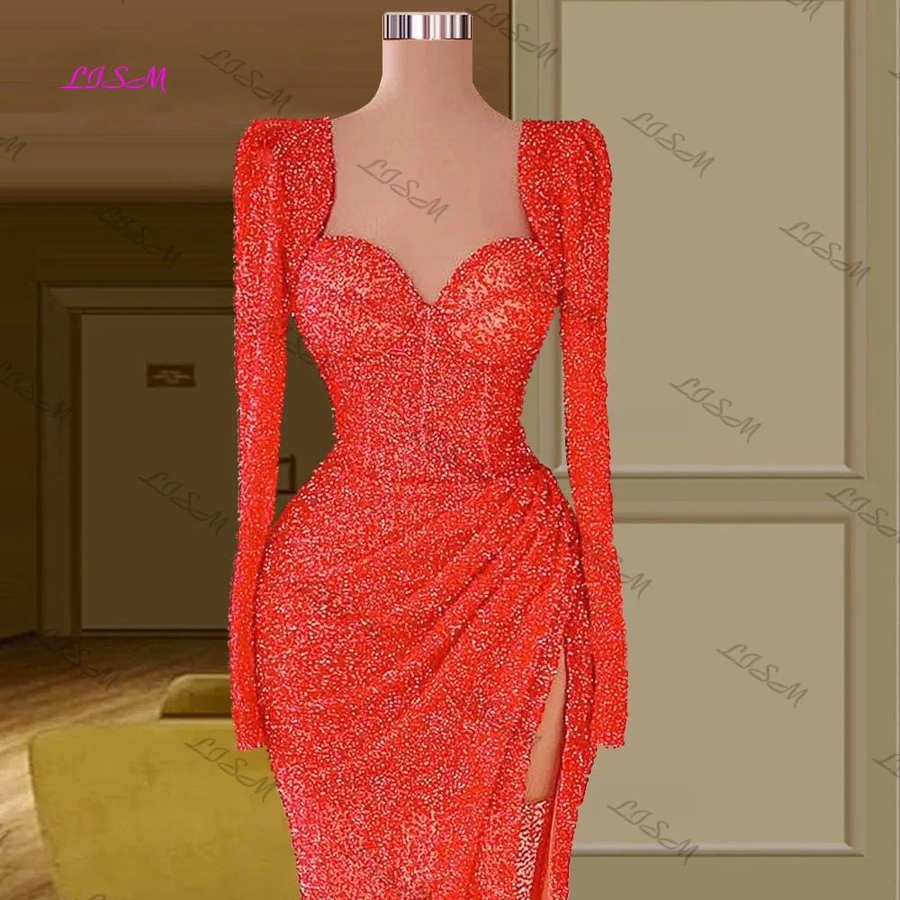 LISM Luxury Sequins Evening Dresses Dubai Sweetheart Long Sleeve Side Slit Plus Size Prom Gowns Sexy Bones Celebrity Dress 2023