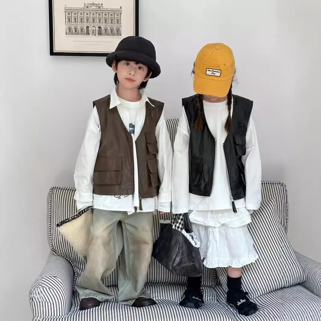 

Children Clothing Handsome All Match Leather Vest 2024 Fall New Boys Girls Pocket Design Sense Fashion Casual Simple Vest