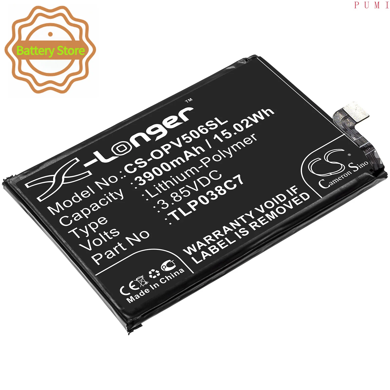 CS Replacement Battery for Alcatel 5V,OT-5060D,OT-5060A PN:TLP038C7 3900mAh / 15.02Wh