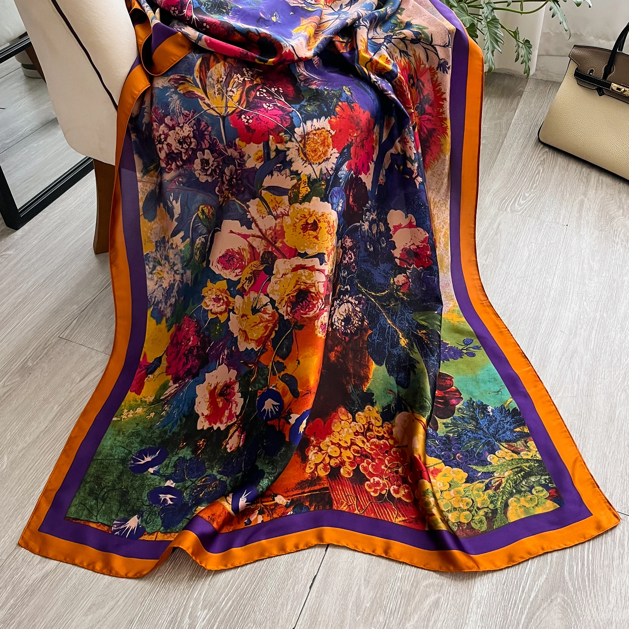 2024 Popular 180X90CM Print Bandannas Europe America Silk Scarves Four Seasons Satin Beach Towel Fashion Flower Long Shawls