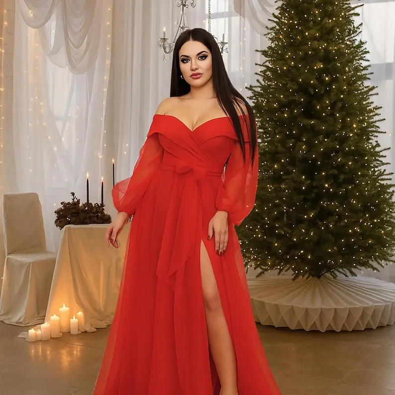 Luxueux robe de soirée de vacances en mousseline de soie rouge, épaules dénudées, avec fente, robe formelle élégante pour femmes