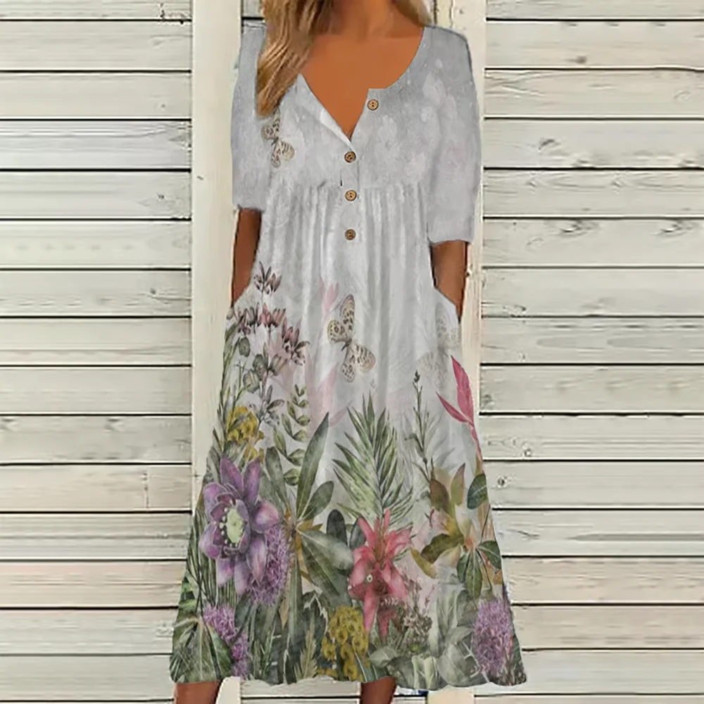 2026 New European & American Women's Spring Trendy Printed V-Neck Button Short-Sleeve Maxi Dress