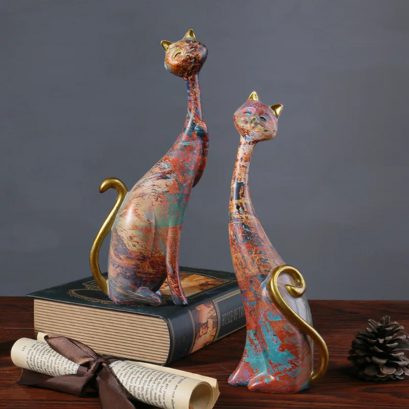 

Modern Ornaments Room Decoration Accessories European Style 2pcs Oil Painting Cat Statues Animal Sculptures for Home Design Gift