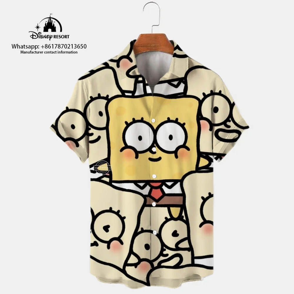 2023 Men\'s New Lapel Short Sleeve Single-Breasted Shirt Summer Spongebob Pattern Print Harajuku Casual Street Versatile Shirt