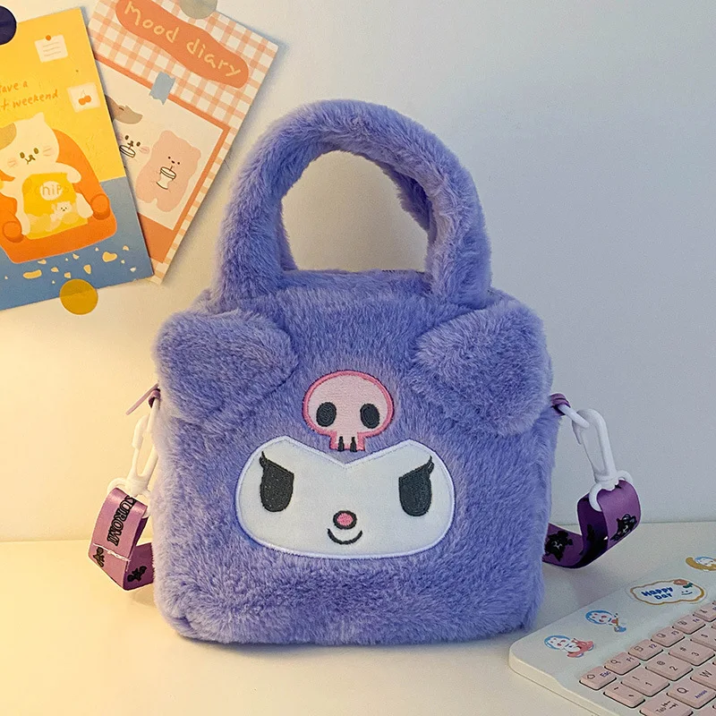 Kuromi Sanrio bolsa de felpa Kawaii Cinnamoroll Melody bandolera bolsa de almacenamiento de cosméticos dibujos animados Anime bolso portátil mujeres