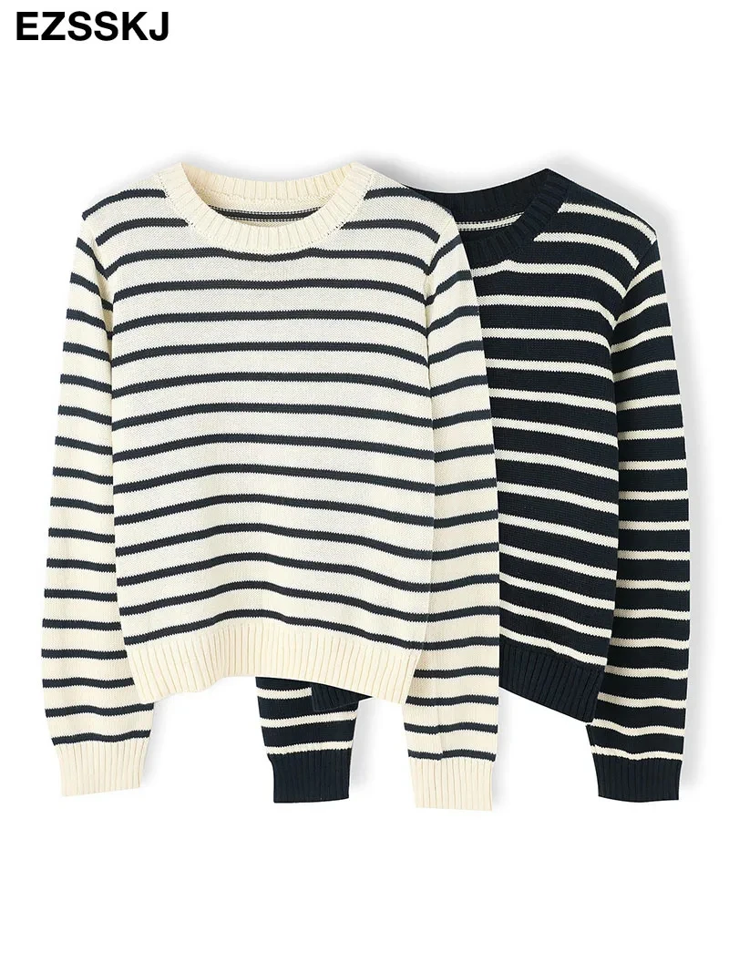 o-neck Black white stripe Loose Long sleeve sweaters 2022 women\'s sweater female cotton chic female loose women\'s jumper pull