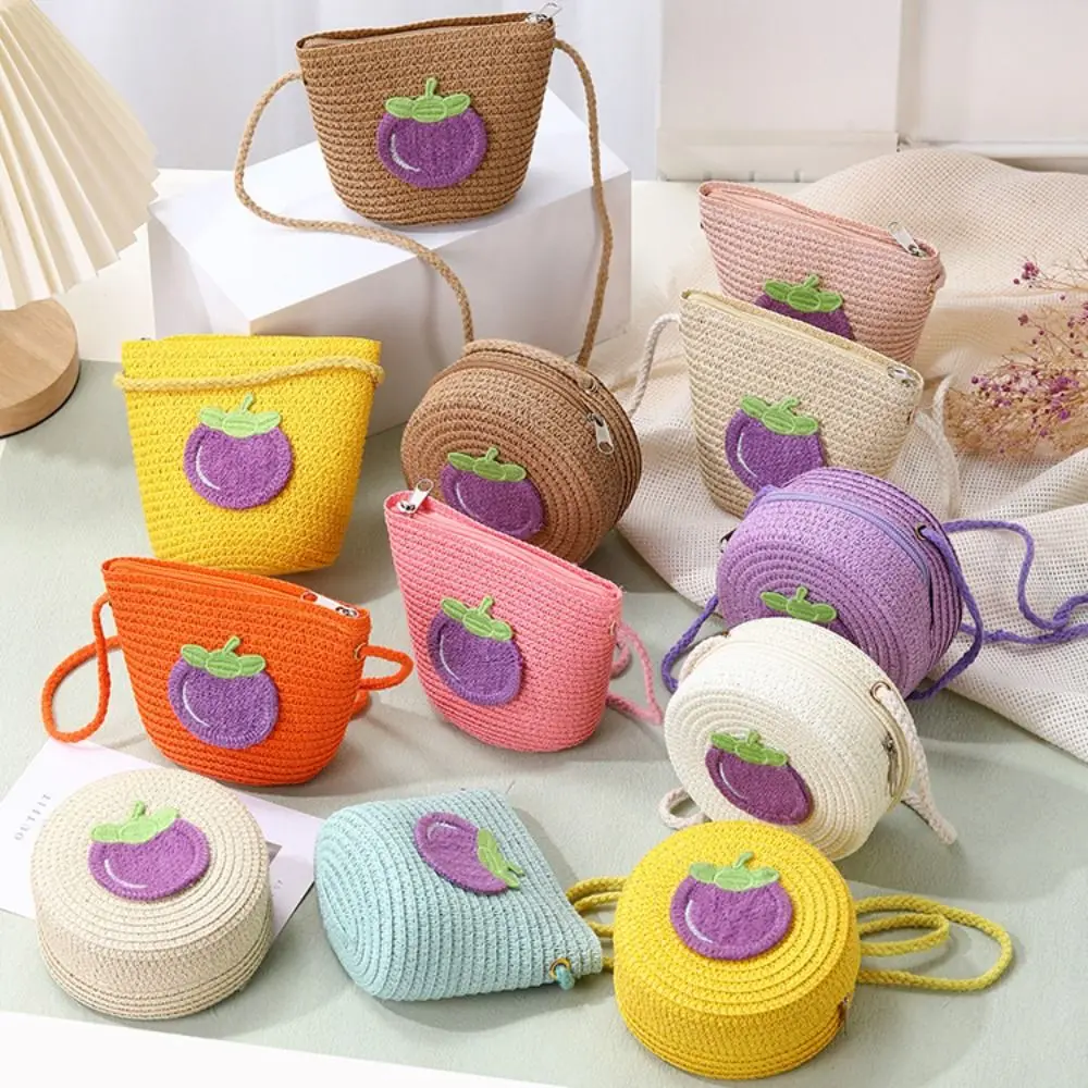 

Милая соломенная сумка через плечо, маленькая сумка из баклажанов, кошелек для монет, детский кошелек для девочек