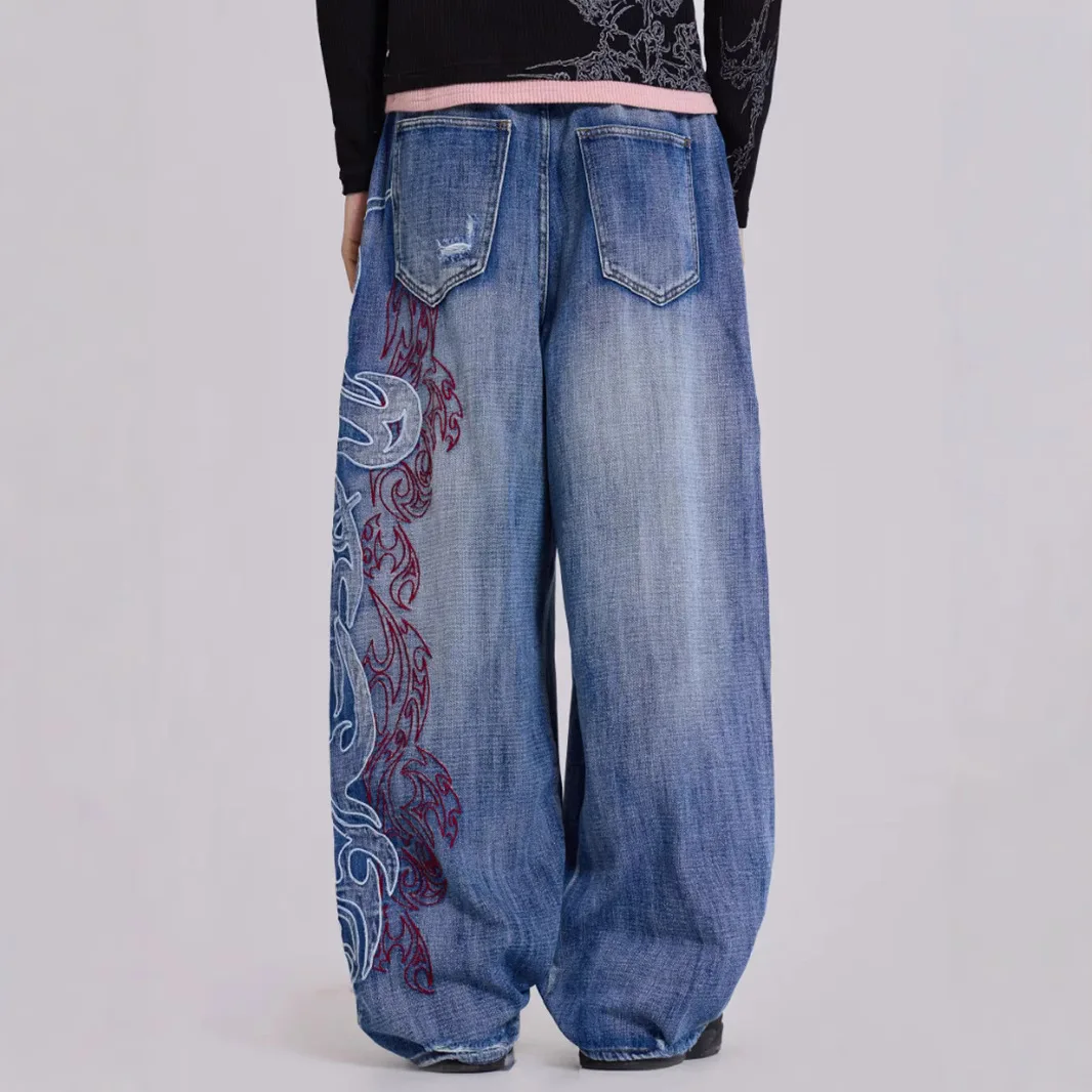 High Street Embroidered Baggy Pants Men Vintage Straight Jeans Women Unisex Wide Leg Denim Pants Fashion Men Y2k Pants
