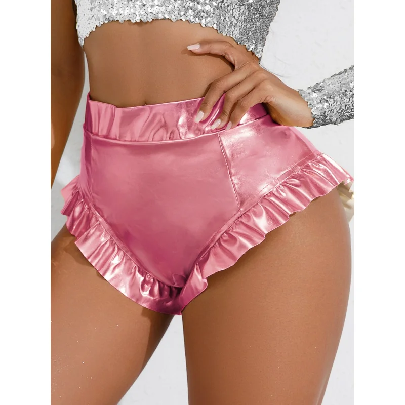 High Waist Ruffles Sexy Bronzing Casual Shorts Bar Pole Dance Performance Wear