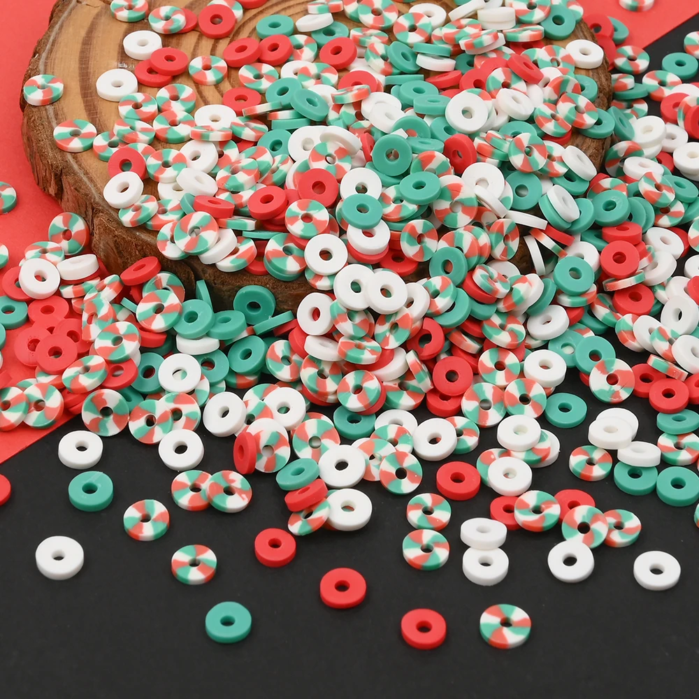 8000pcs Mix Random Christmas Clay Beads 6mm Flat Green Red White Loose Spacer Beads for Jewelry Making DIY Handcrafts Bracelet Necklace Phoen Chain Keychian Gifts for Christmas Thanks Giving Day New Year
