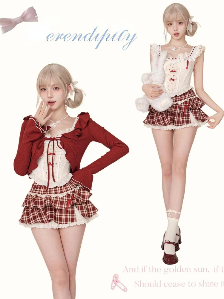 2024 New Red Plaid Skirt 3 Piece Set Outfits Lolita Japanese Style Sweet Suit Shot Cardigan + Slim Lace Vest + Y2k Mini Skirt