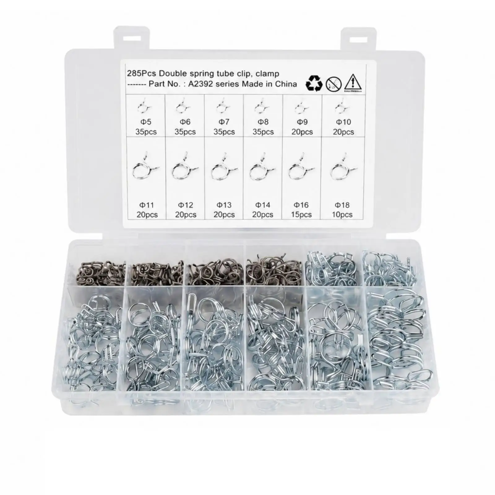 285PC Spring Tube Clamp Assortment Stainless Steel Hose Clamps Double Wire Fasteners with Storage Case for Auto Repair Workshop
