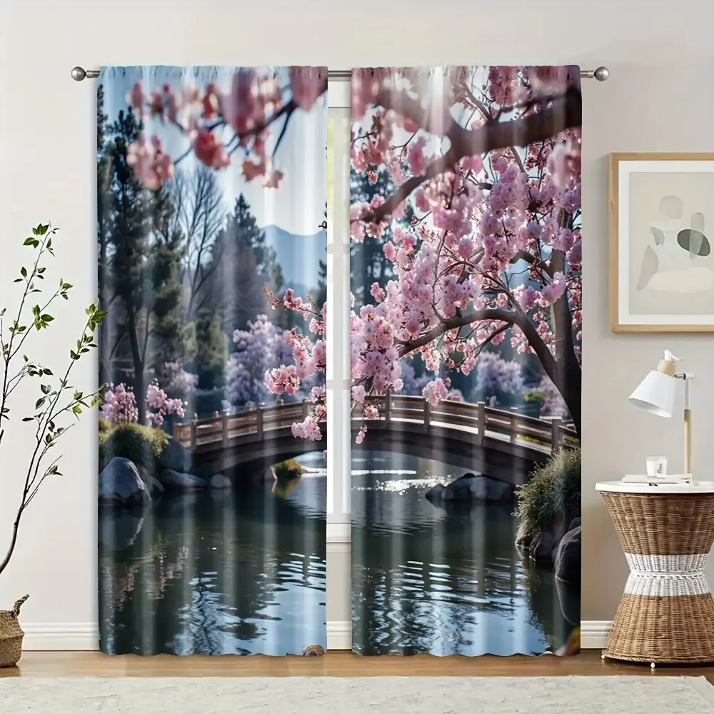 2 Pc Sakura Lake Bridge Curtains - Polyester, Serene Scenic, Blooming Trees, Perfect for Bedrooms - Lakeside Aesthetic