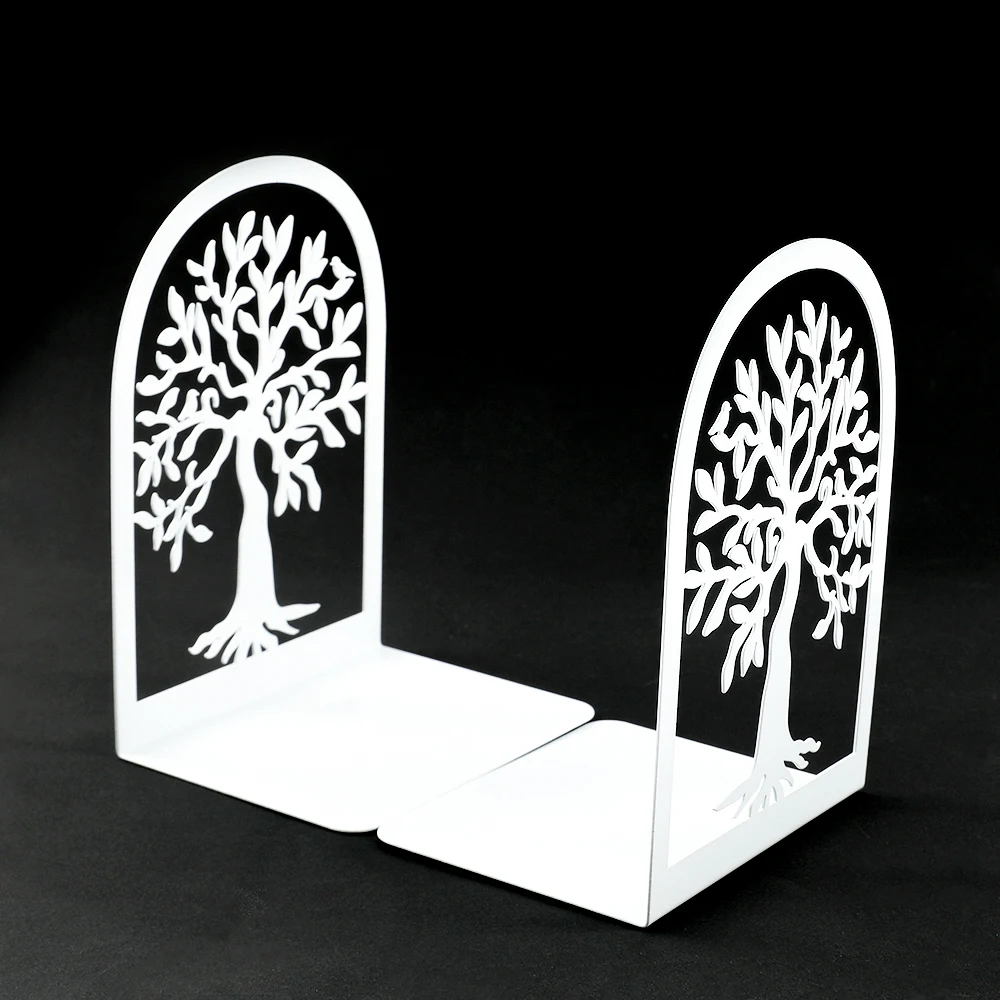 2 Pcs White Tree of Life Desktop Book Ends Office Desktop Home Bookend Gift for Book Loves Heavy Duty Iron Book Rack