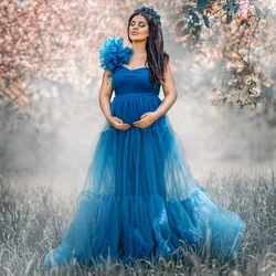 Fluffy Blue A Line Maternity Robes for Photo Shoot Tulle Sleeveless Pregnant Women Dresses Sexy Floor Length Baby Shower Gowns