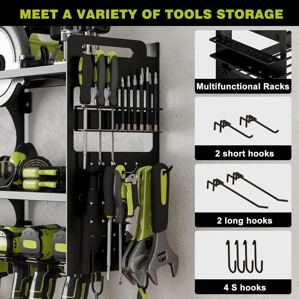 Power Tool Organizer Wall Mount, 16 Slots, 3-Tier Drill & Cordless Tool Storage Holder with Pegboard Sides, Tool Wall Organizer