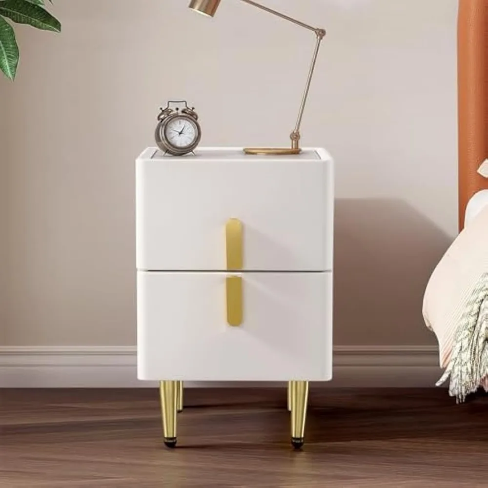 

Modern 2-Drawer Nightstands Set of 2, Narrow Beige Bedside Tables with Gold Metal Legs, Faux Leather & Stone Top Nightstand