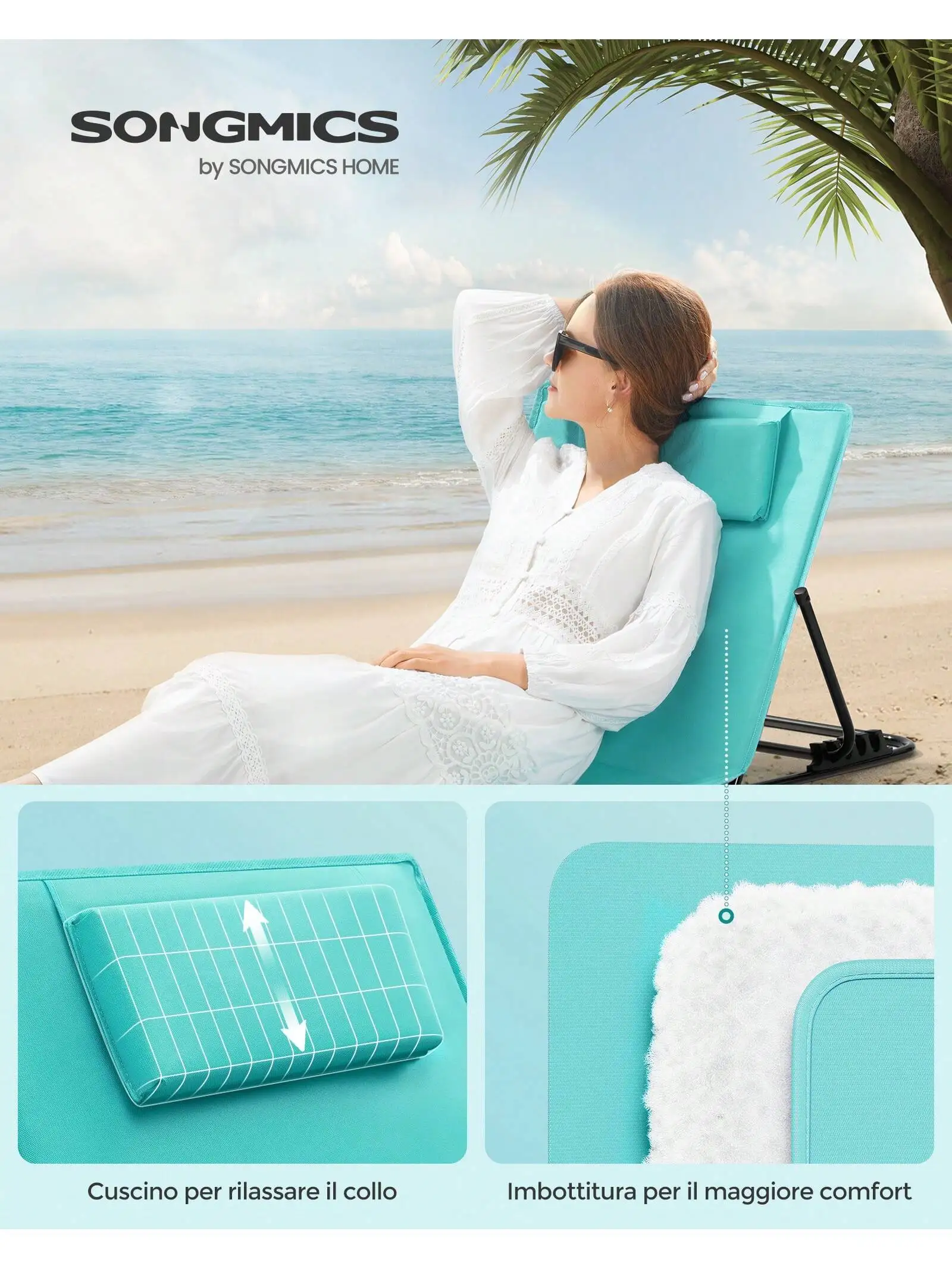 SONGMICS Set di 2 lettini da spiaggia, sedie a sdraio, lettini da sole, schienale reclinabile,