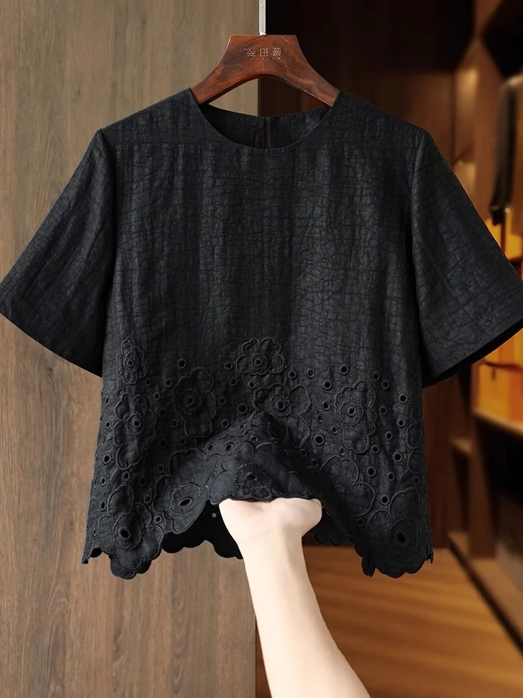 

Silk ort Sve irt Women's Heavy Embroidery Silk Top Authentic Sensation Xiangyun Silk Casual Loose Fit round Ne