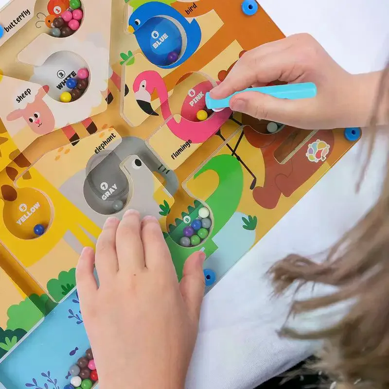 Juegos de clasificación de colores magnéticos de madera para niños, tablero de laberinto de tráfico del zoológico, bolígrafo, juegos de cuentas móviles, juguetes educativos para niños