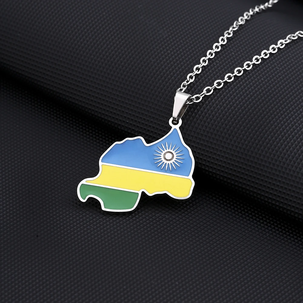 New Rwanda Map Flag Pendant Necklace For Women Men Gold Silver Color Stainless Steel Fashion Rwandans African Jewelry Gifts