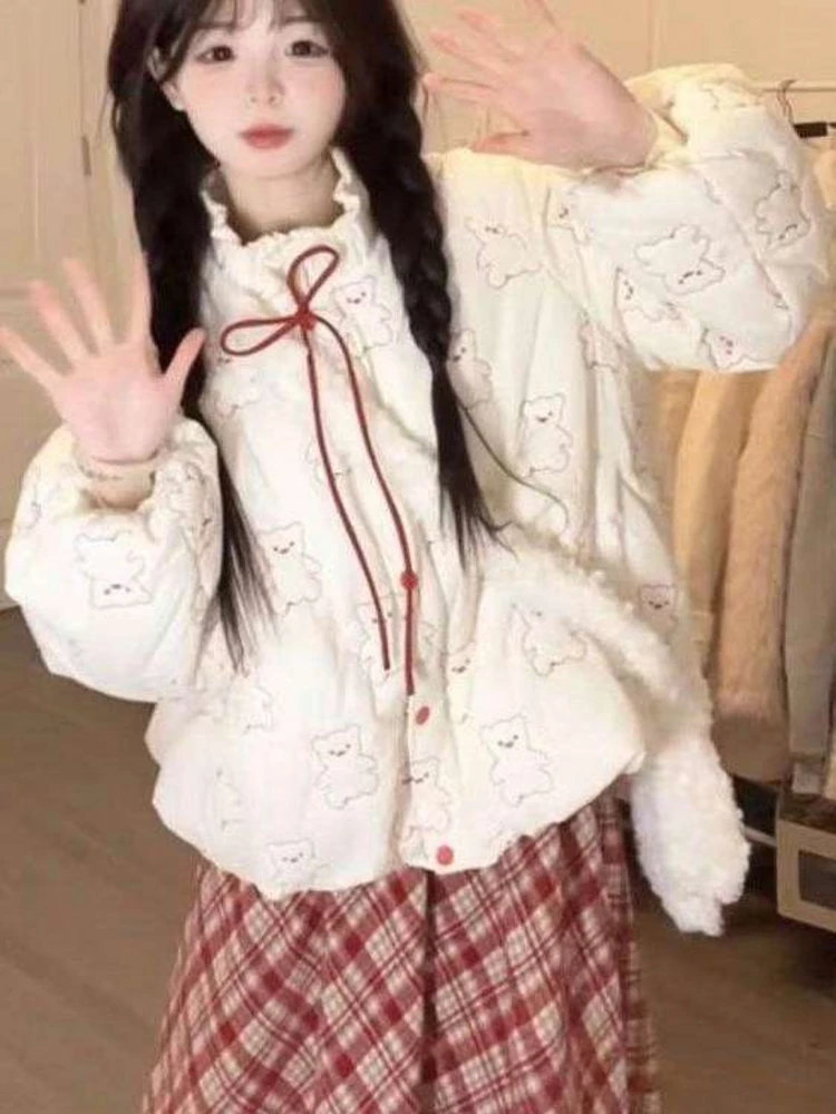 

Cute Bear Embroidery Cotton Jacket Women's Spring 2026 Plaid Skirt Two-Piece Set Princess Style Warmth Lined Thickened