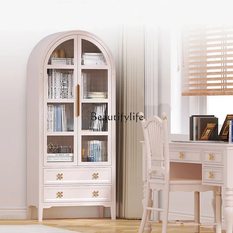 

American-Style Solid Wood Bookcase with Changhong Glass Door Storage French Retro Arch Decorative Wine Cabinet