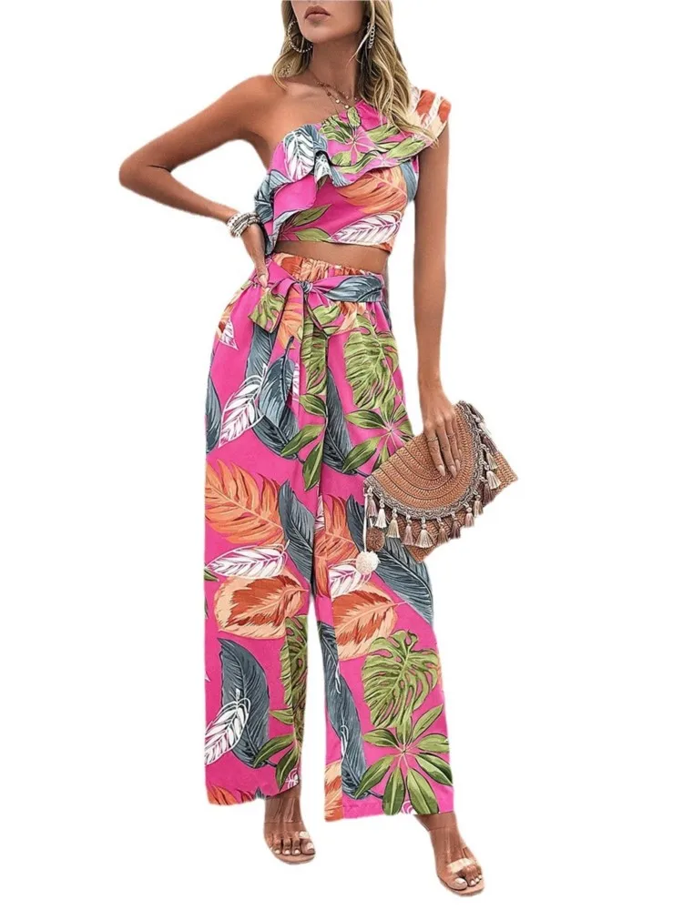 Women Vacation Two Piece Set 2025 Summer Off Shoulder Print Color Colorful Sleeveless Top High Waist Wide-Leg Pants 2 Piece Sets