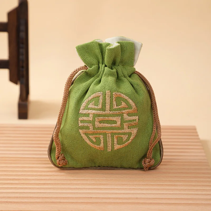 Vintage Leinen-Schmuckbeutel mit Kordelzug, bestickter chinesischer Knotenbeutel, Baumwoll-Leinen-Aufbewahrungstasche für kleine Gegenstände, 11,5*14cm, 14,5g – Detail 6