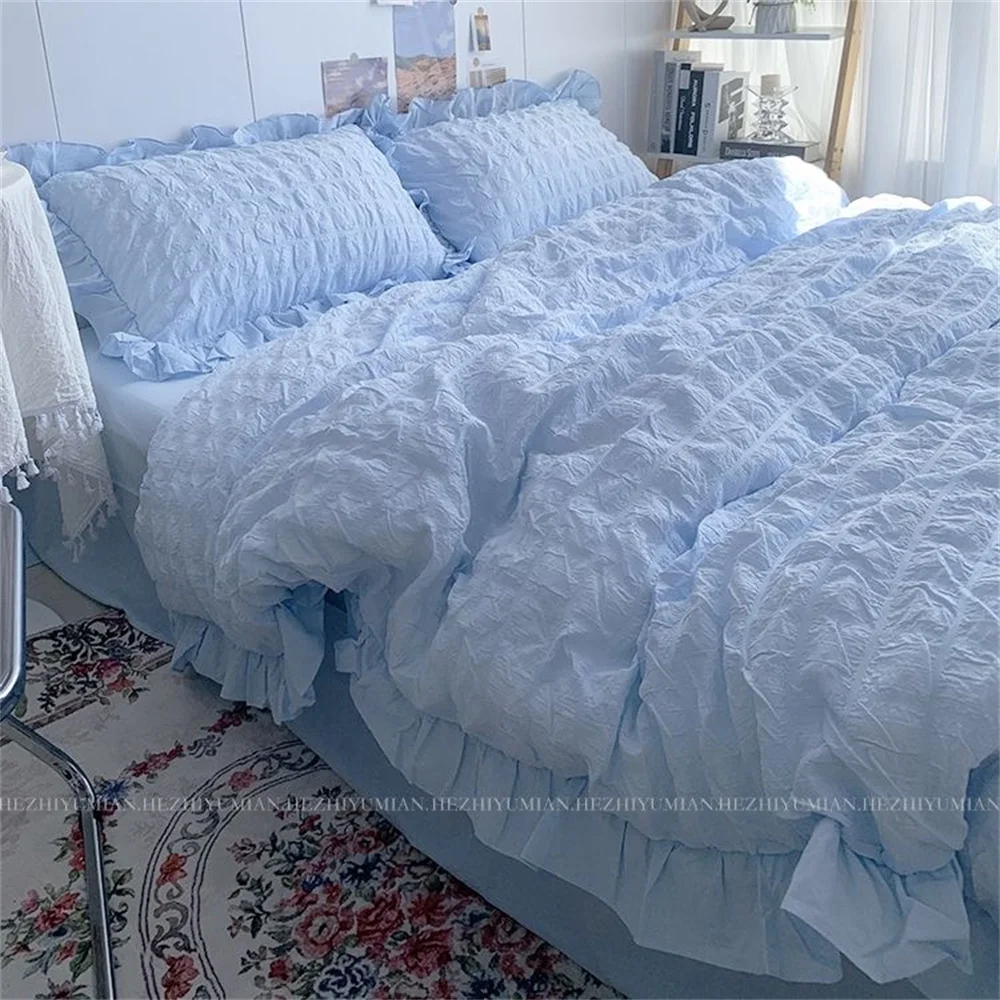 INS Girl Blue Bedding Sets Solid Color Seersucker Ruffles Lace  Kawaii Soft Sheet Woman Duvet Cover Pillow Covers Quilt Cover