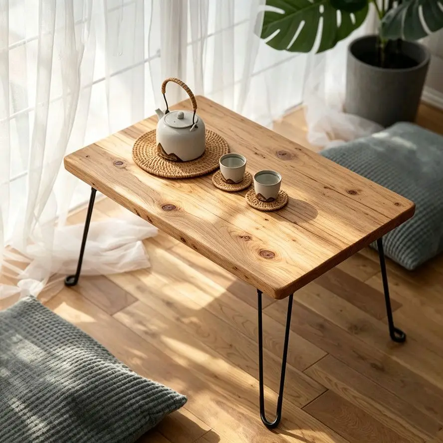Natural Wood Folding Low Camping Table, Portable Lightweight Small Floor Table with Metal Legs, Rustic Rectangular Low Tea Table