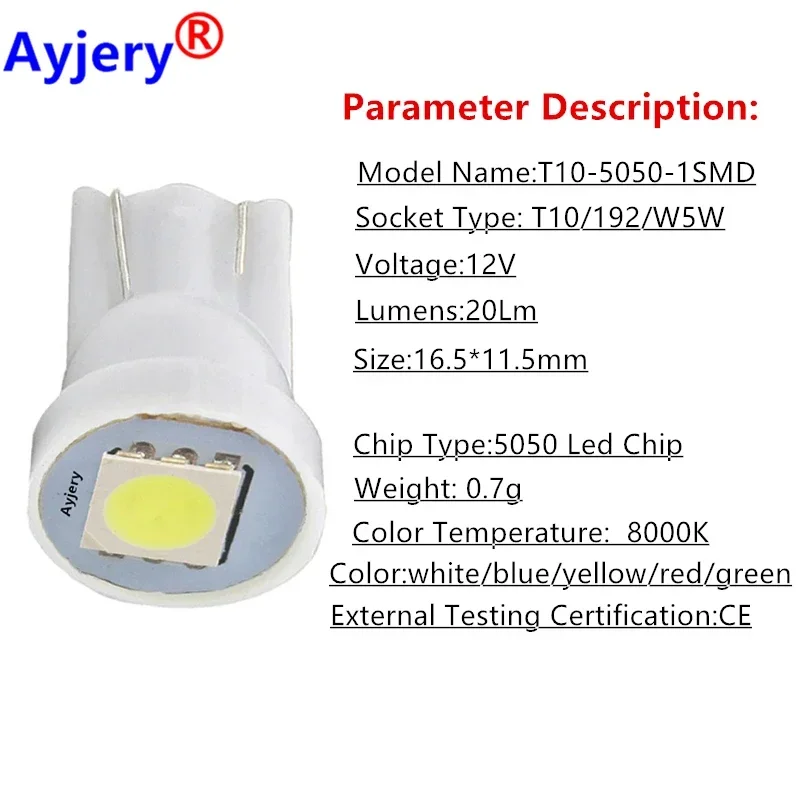 AYJERY 500pcs 12V DC T10 5050 1 SMD 5050 1 LED 194 168 W5W Car Side Wedge Tail Reading Light Lamp Car Indicate Auto Bulb