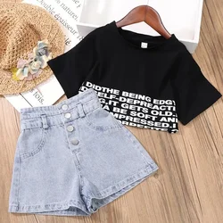 Kids Girls short Clothes Set Summer cotton Crop Tops T-shirt+Denim shorts 2pcs teens Girl Outfits Baby Girls Clothing 4 5 7 10 1