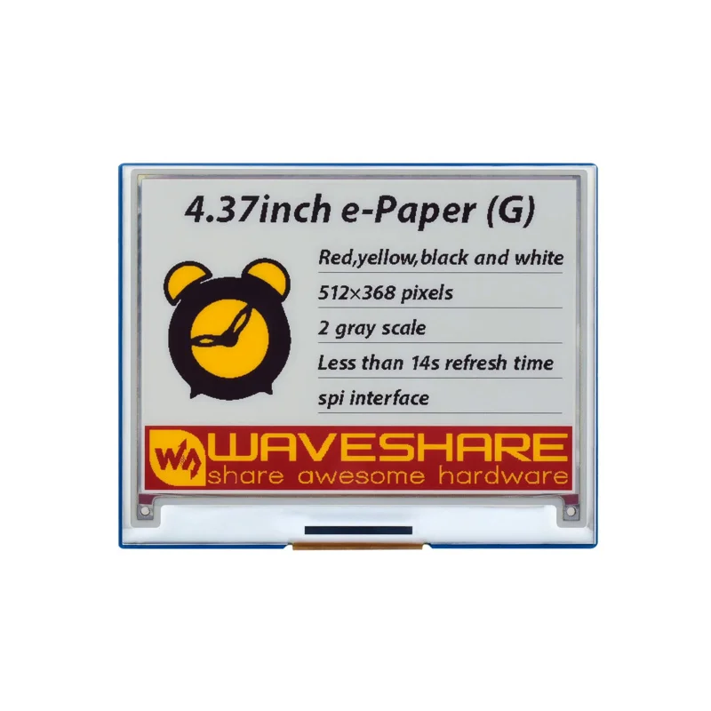 

Waveshare 4.37inch E-Paper Module (G), 512 × 368, Red/Yellow/Black/White Low Power, Wide Viewing Angle, Paper-Like